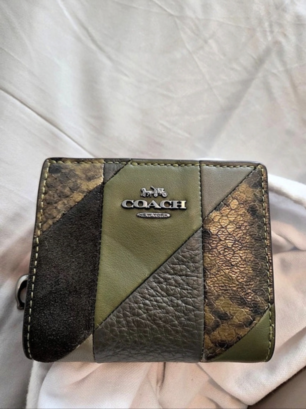 COACH Snap Wallet With Patchwork And Snake Print Brown & Green